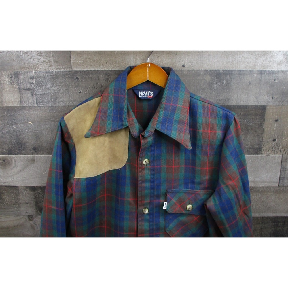 Vintage Levis Shirt Mens Medium Blue Green Plaid Shooting Patch Western 70s 80s